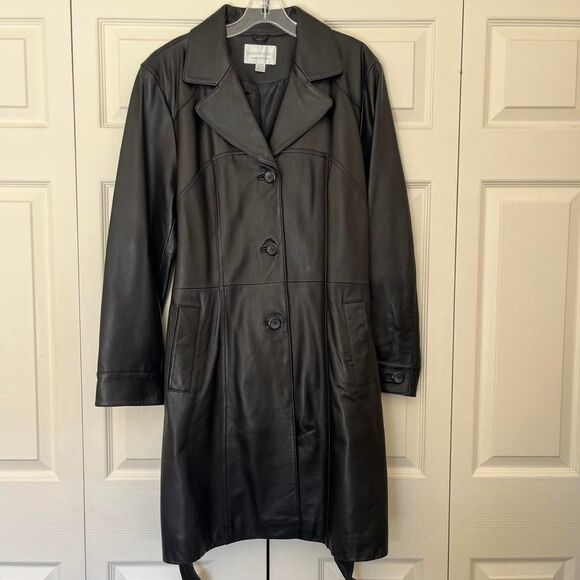 Vintage 90s/Y2K Worthington Women’s Genuine Lambskin Leather Black Trench Coat - Picture 1 of 13